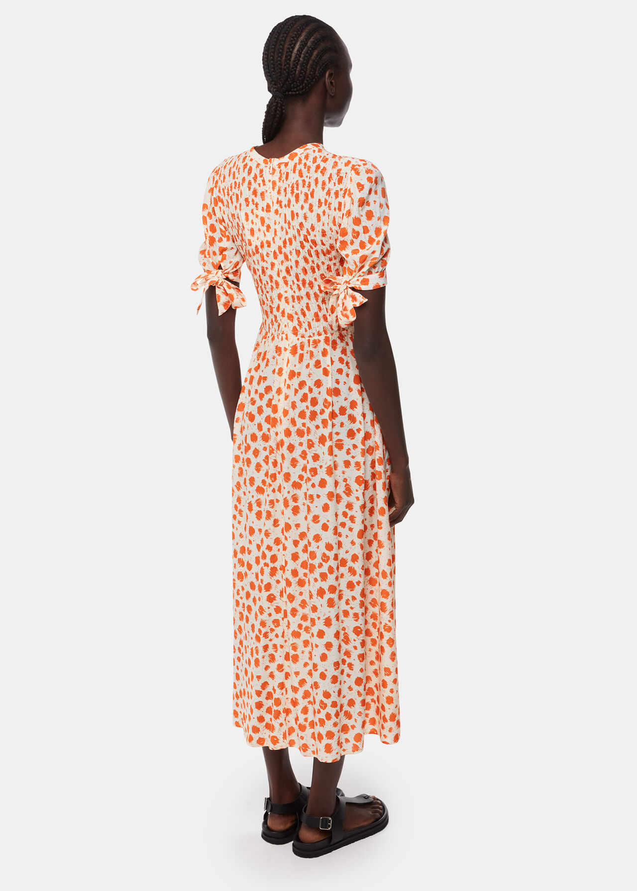 Spot Shirred Midi Dress